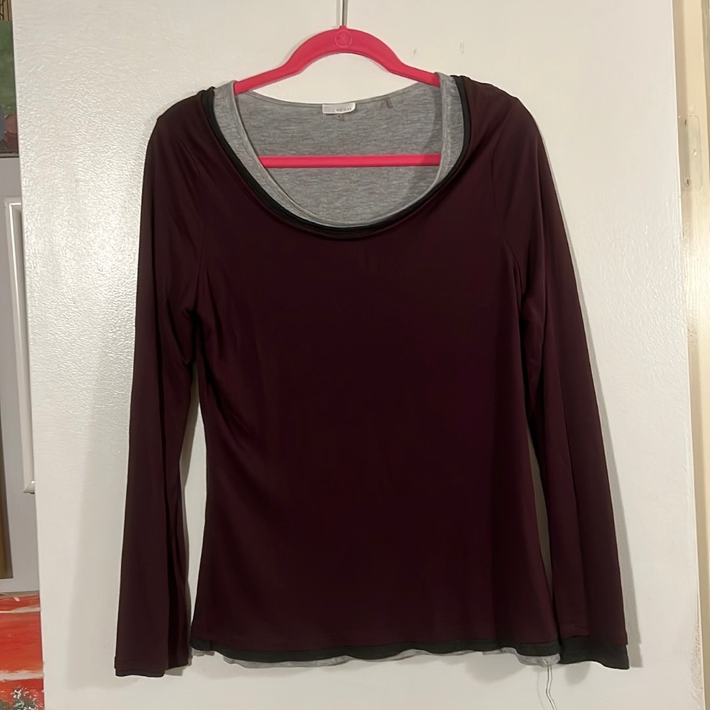 Ecru layered purple/light gray/charcoal long sleeve tee shirt